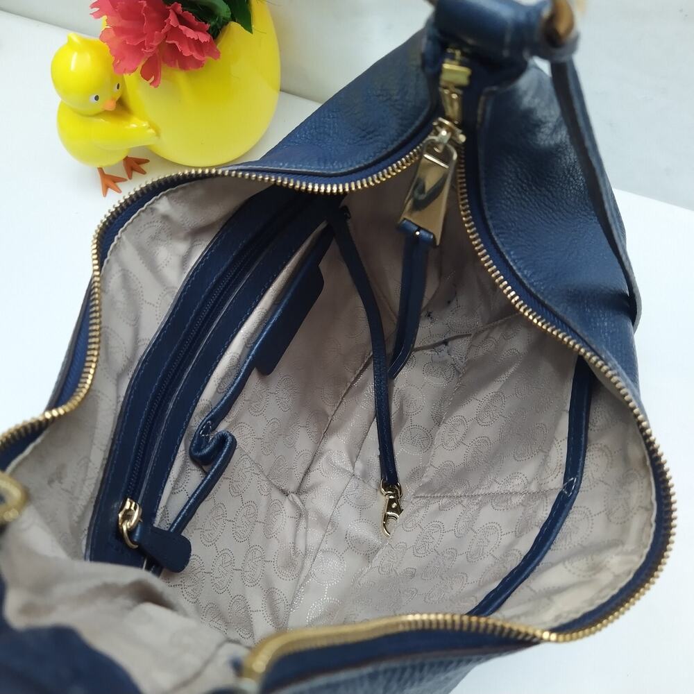 Michael Kors Rhea Blue Pebbled Leather Zipper Pocket Hobo Shoulder Bag - Picture 9 of 16